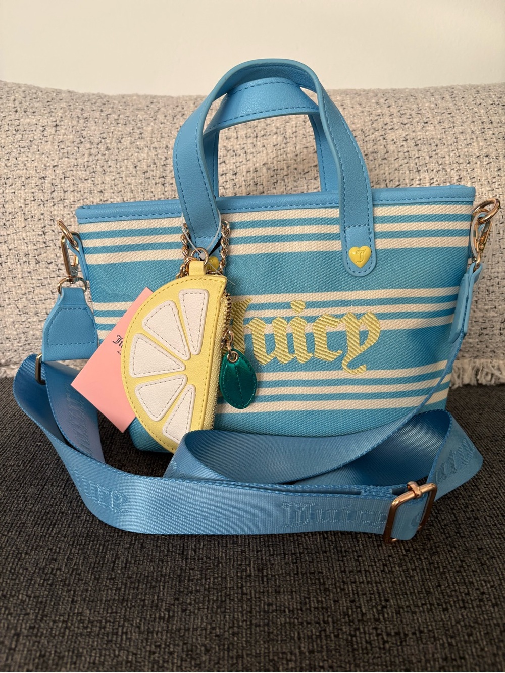 Juicy Couture Sky Blue and White Striped Tote with Lemon Charm